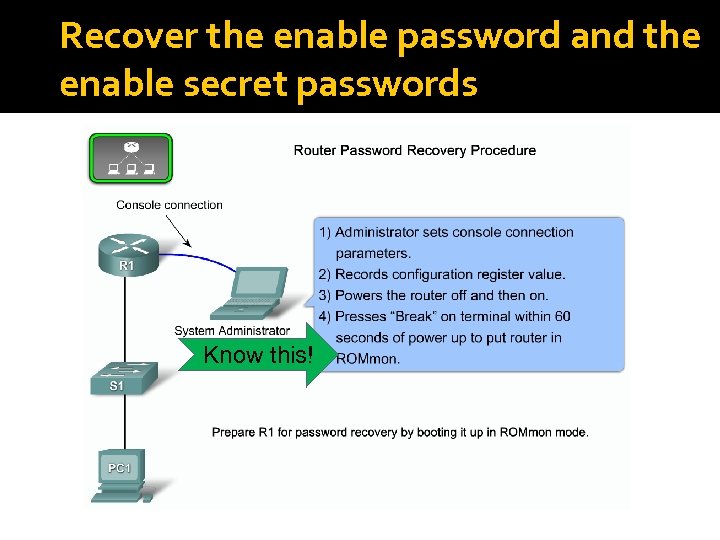 Recover the enable password and the enable secret passwords Know this! 