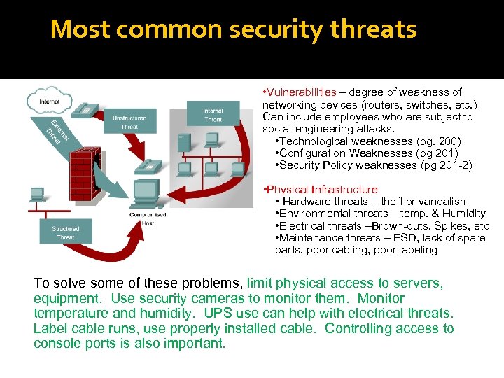 Most common security threats • Vulnerabilities – degree of weakness of networking devices (routers,