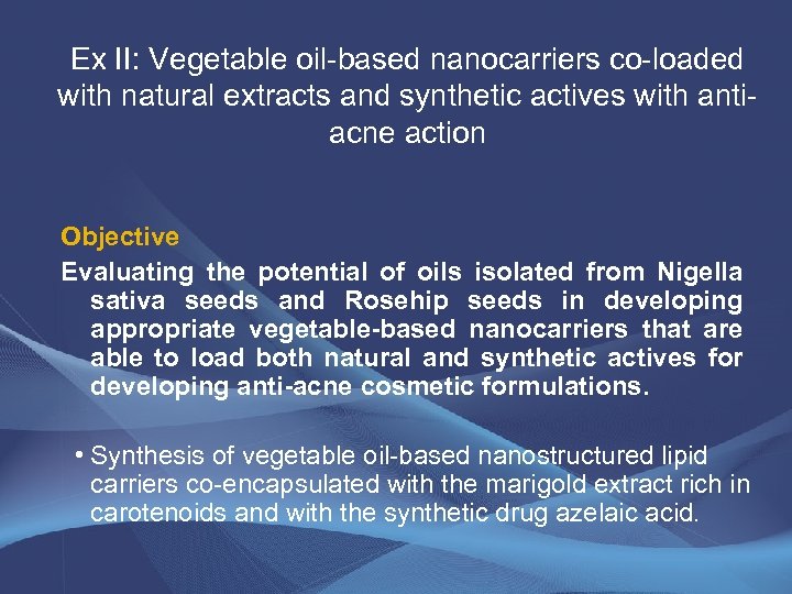 Ex II: Vegetable oil-based nanocarriers co-loaded with natural extracts and synthetic actives with antiacne
