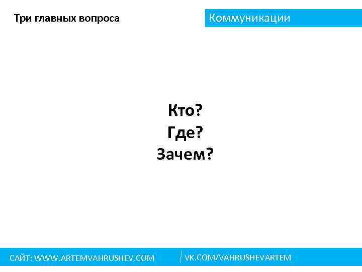 Три главных вопроса Коммуникации Кто? Где? Зачем? САЙТ: WWW. ARTEMVAHRUSHEV. COM VK. COM/VAHRUSHEVARTEM 