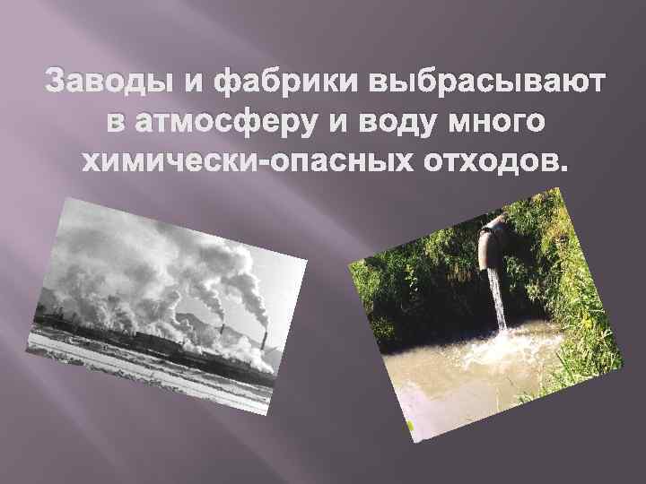 Заводы и фабрики выбрасывают в атмосферу и воду много химически-опасных отходов. 