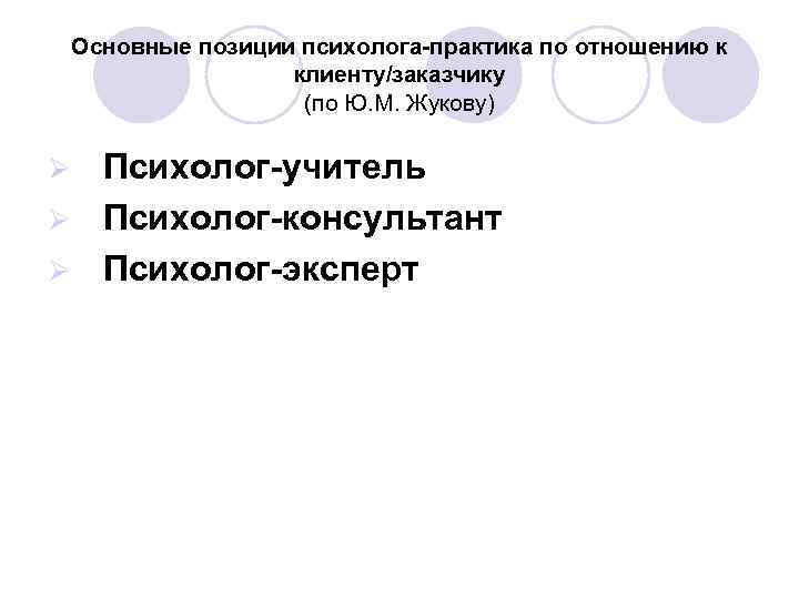 Основные позиции психолога-практика по отношению к клиенту/заказчику (по Ю. М. Жукову) Психолог-учитель Ø Психолог-консультант