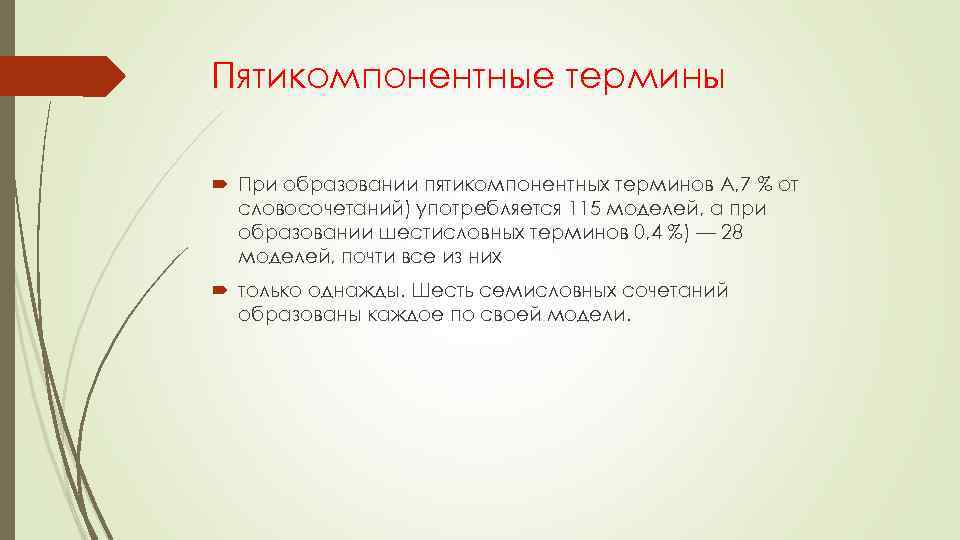Пятикомпонентные термины При образовании пятикомпонентных терминов A, 7 % от словосочетаний) употребляется 115 моделей,