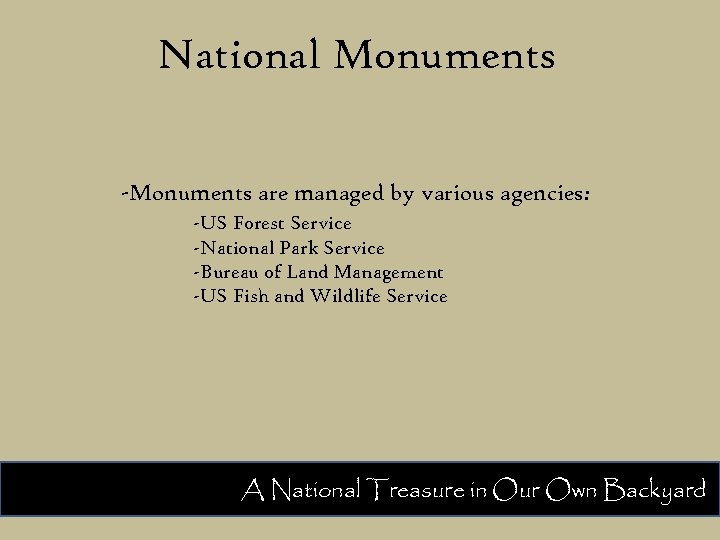 National Monuments -Monuments are managed by various agencies: -US Forest Service -National Park Service