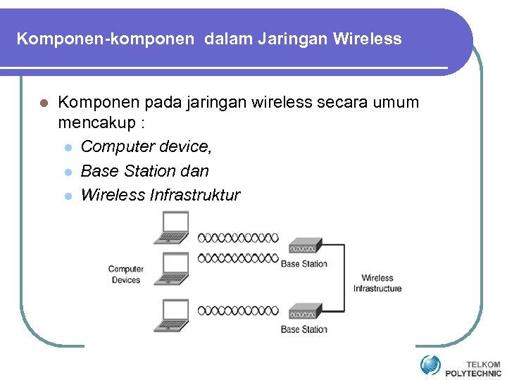 Komponen-komponen dalam Jaringan Wireless l Komponen pada jaringan wireless secara umum mencakup : l
