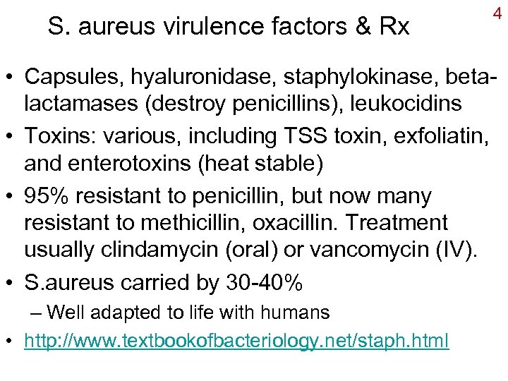 S. aureus virulence factors & Rx 4 • Capsules, hyaluronidase, staphylokinase, betalactamases (destroy penicillins),