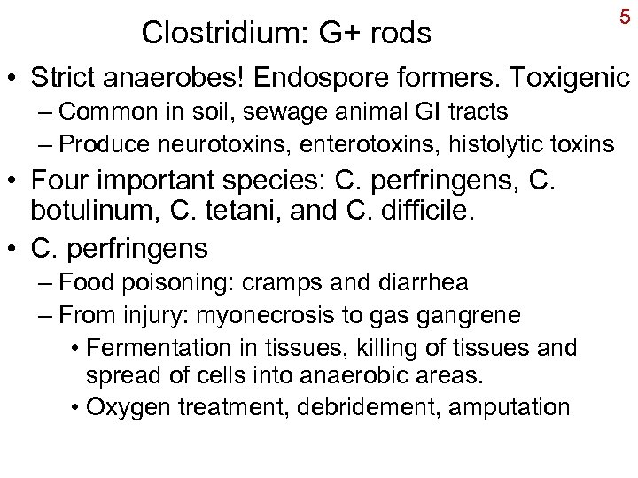 Clostridium: G+ rods 5 • Strict anaerobes! Endospore formers. Toxigenic – Common in soil,