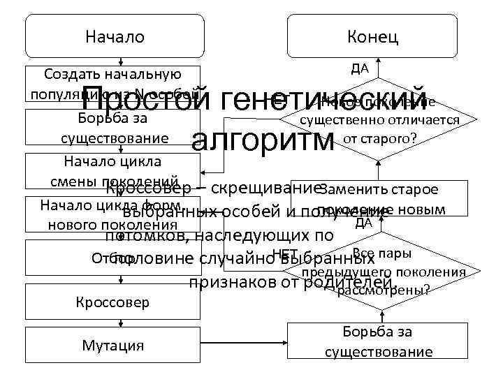 Начало Конец ДА Создать начальную популяцию из N особей НЕТ Новое поколение Борьба за