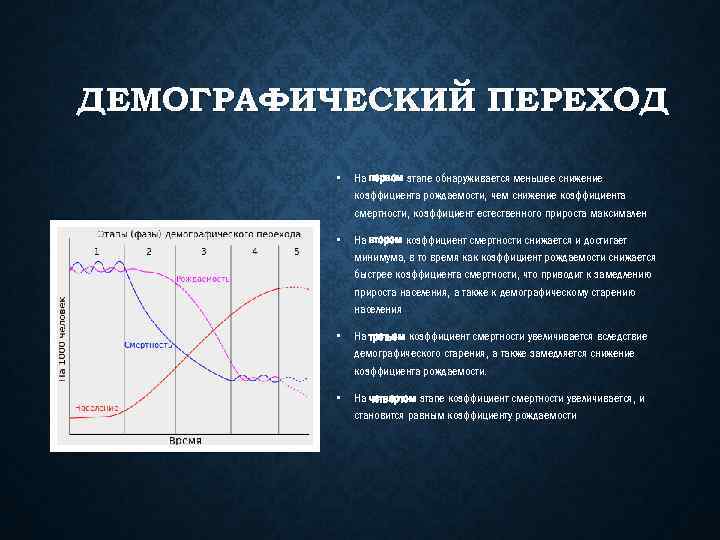 ДЕМОГРАФИЧЕСКИЙ ПЕРЕХОД • На первом этапе обнаруживается меньшее снижение коэффициента рождаемости, чем снижение коэффициента