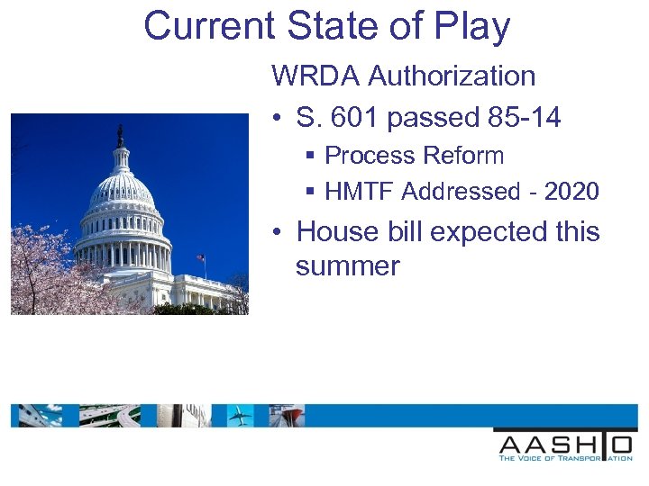 Current State of Play WRDA Authorization • S. 601 passed 85 -14 § Process