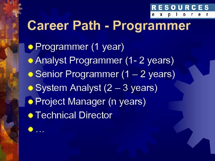 Career Path - Programmer ® Programmer (1 year) ® Analyst Programmer (1 - 2
