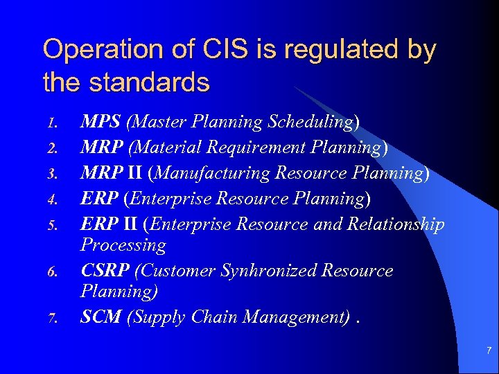 Operation of CIS is regulated by the standards 1. 2. 3. 4. 5. 6.