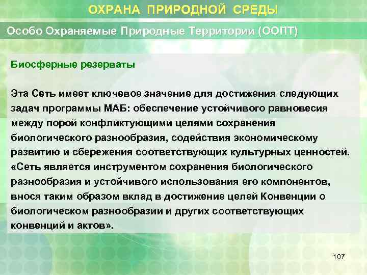 ОХРАНА ПРИРОДНОЙ СРЕДЫ Особо Охраняемые Природные Территории (ООПТ) Биосферные резерваты Эта Сеть имеет ключевое