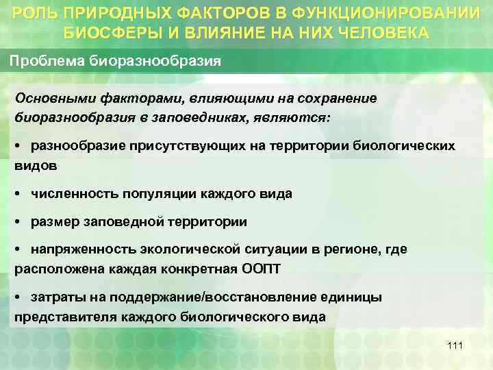 РОЛЬ ПРИРОДНЫХ ФАКТОРОВ В ФУНКЦИОНИРОВАНИИ БИОСФЕРЫ И ВЛИЯНИЕ НА НИХ ЧЕЛОВЕКА Проблема биоразнообразия Основными
