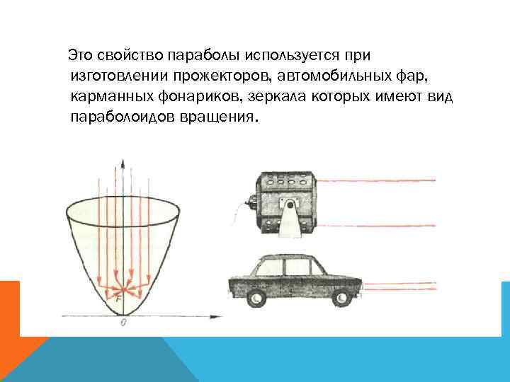 Это свойство параболы используется при изготовлении прожекторов, автомобильных фар, карманных фонариков, зеркала которых имеют