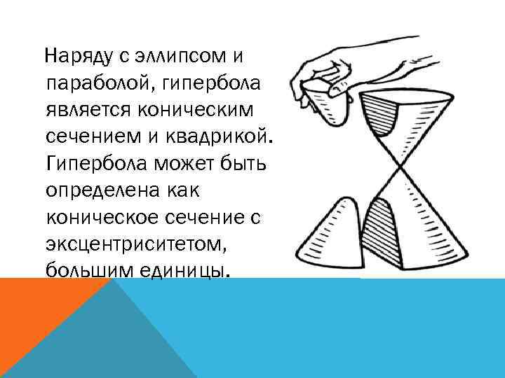 Наряду с эллипсом и параболой, гипербола является коническим сечением и квадрикой. Гипербола может быть