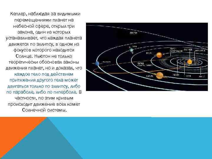 Кеплер, наблюдая за видимыми перемещениями планет на небесной сфере, открыл три закона, один из