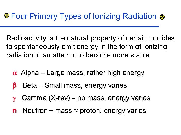 Four Primary Types of Ionizing Radiation Radioactivity is the natural property of certain nuclides