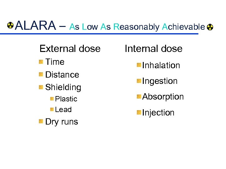 ALARA – As Low As Reasonably Achievable External dose Time Distance Shielding Plastic Lead