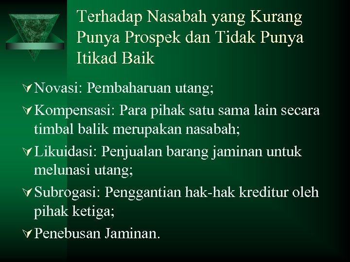 Terhadap Nasabah yang Kurang Punya Prospek dan Tidak Punya Itikad Baik Ú Novasi: Pembaharuan