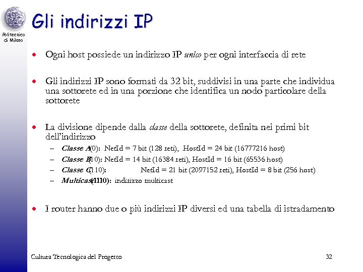 Politecnico di Milano Gli indirizzi IP · Ogni host possiede un indirizzo IP unico