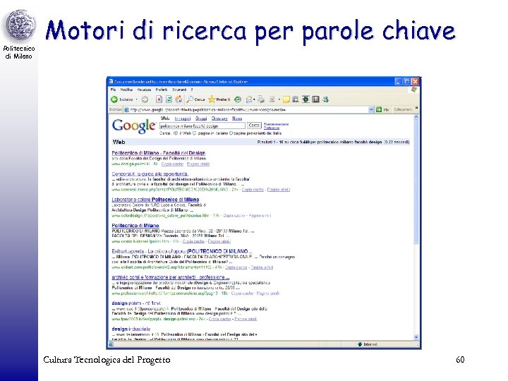 Politecnico di Milano Motori di ricerca per parole chiave Cultura Tecnologica del Progetto 60