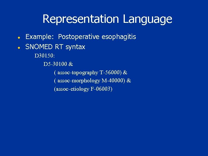 Representation Language l l Example: Postoperative esophagitis SNOMED RT syntax D 30150: D 5