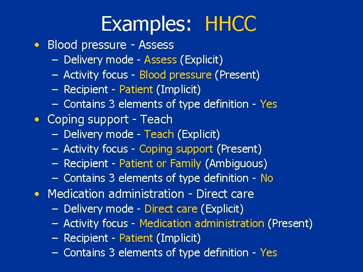 Examples: HHCC • Blood pressure - Assess – – Delivery mode - Assess (Explicit)