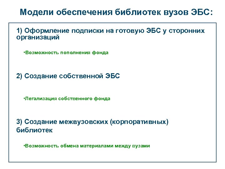 Модели обеспечения библиотек вузов ЭБС: 1) Оформление подписки на готовую ЭБС у сторонних организаций