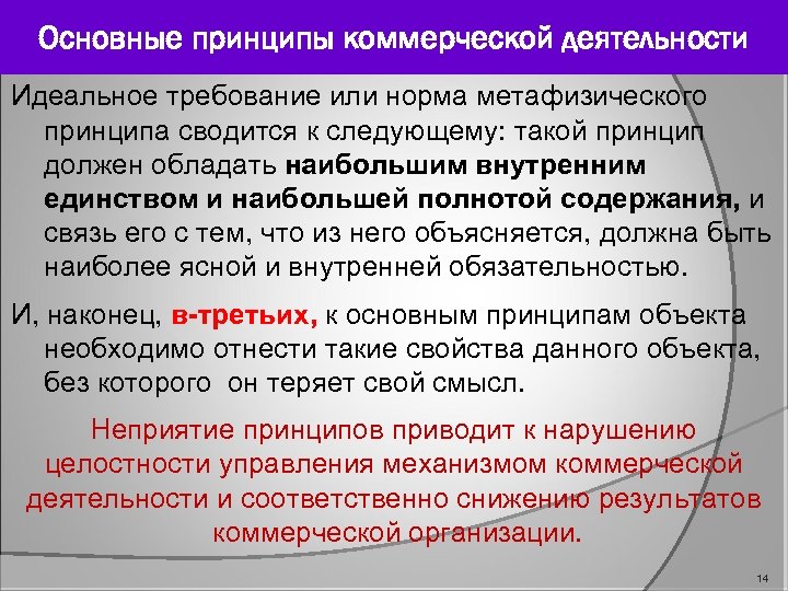 Основные принципы коммерческой деятельности Идеальное требование или норма метафизического принципа сводится к следующему: такой