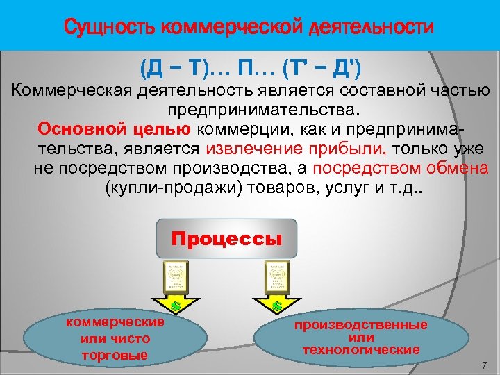 Сущность коммерческой деятельности (Д − Т)… П… (Т' − Д') Коммерческая деятельность является составной