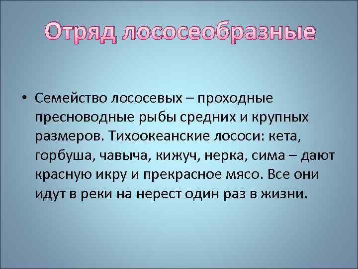 Отряд лососеобразные • Семейство лососевых – проходные пресноводные рыбы средних и крупных размеров. Тихоокеанские