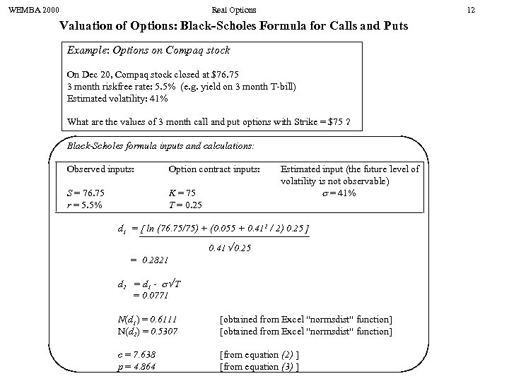 WEMBA 2000 Real Options 12 Valuation of Options: Black-Scholes Formula for Calls and Puts