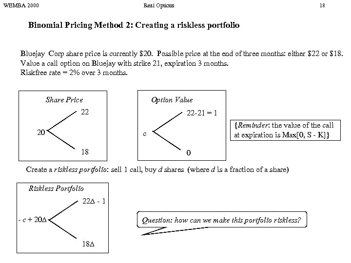 WEMBA 2000 Real Options 18 Binomial Pricing Method 2: Creating a riskless portfolio Bluejay