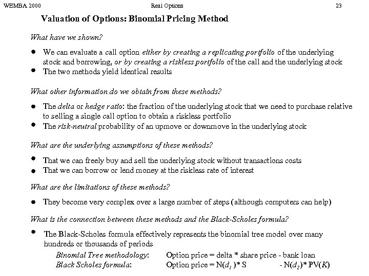 WEMBA 2000 Real Options 23 Valuation of Options: Binomial Pricing Method What have we