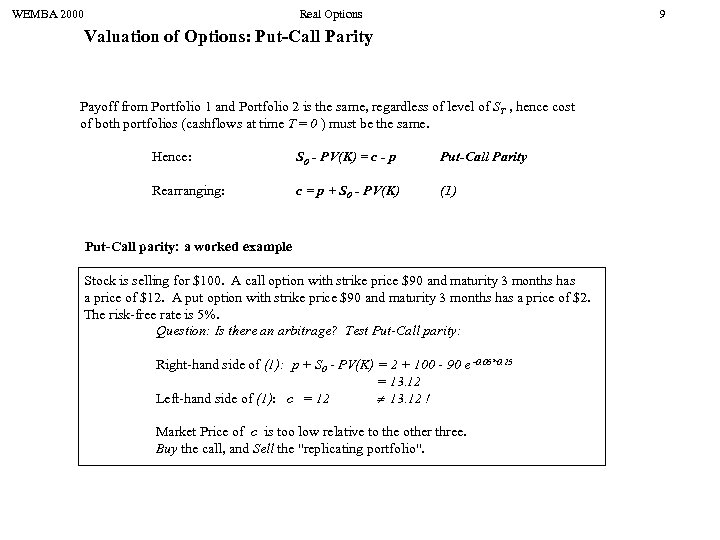 WEMBA 2000 Real Options 9 Valuation of Options: Put-Call Parity Payoff from Portfolio 1