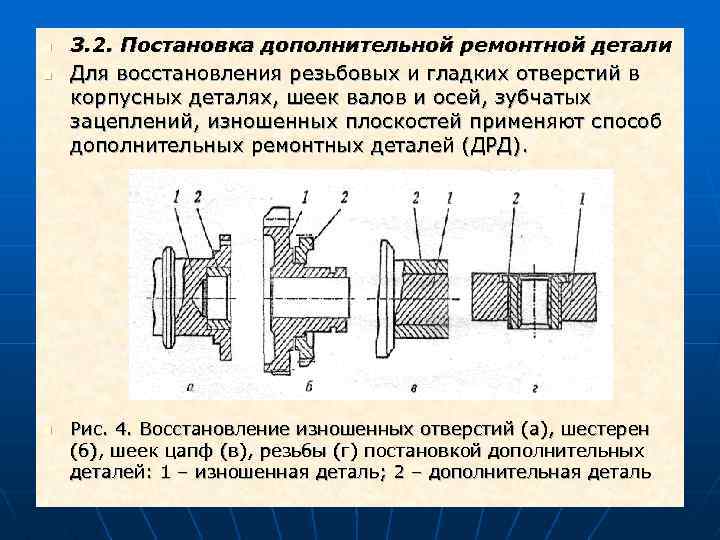 Свойство детали. Постановка дополнительной ремонтной детали (ДРД).. Методы восстановления ремонтной детали. Восстановление деталей дополнительных деталей.. Методы восстановления изношенных деталей.