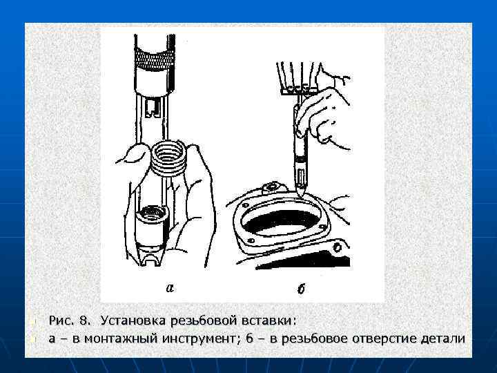 n n Рис. 8. Установка резьбовой вставки: а – в монтажный инструмент; б –