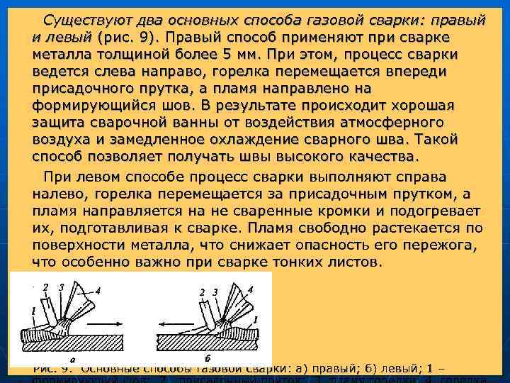 Существуют два основных способа газовой сварки: правый и левый (рис. 9). Правый способ применяют