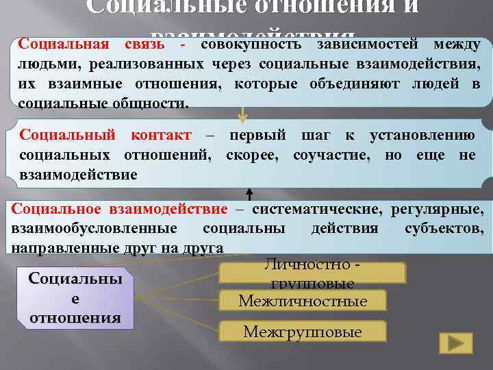 Социальные отношения и взаимодействия Социальная связь - совокупность зависимостей между людьми, реализованных через социальные