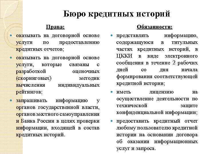 Бюро кредитных историй Права: оказывать на договорной основе услуги по предоставлению кредитных отчетов; оказывать