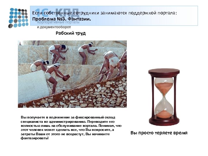 Если собственные сотрудники занимаются поддержкой портала: Проблема № 3. Фантазии. Рабский труд Вы получаете