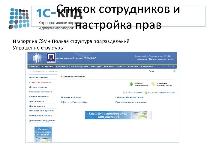 Список сотрудников и настройка прав Импорт из CSV + Полная структура подразделений Упрощение структуры