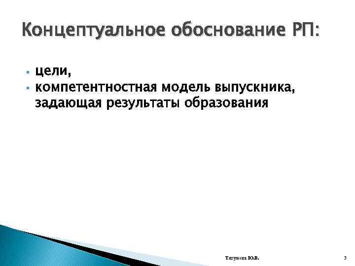 Концептуальное обоснование РП: § § цели, компетентностная модель выпускника, задающая результаты образования Тягунова Ю.