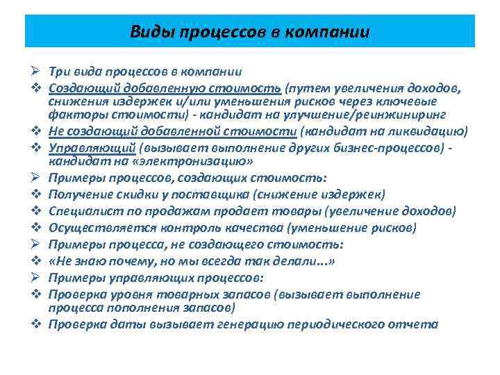 Виды процессов в компании Ø Три вида процессов в компании v Создающий добавленную стоимость