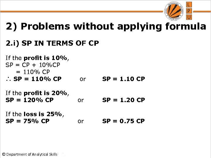 2) Problems without applying formula 2. i) SP IN TERMS OF CP If the