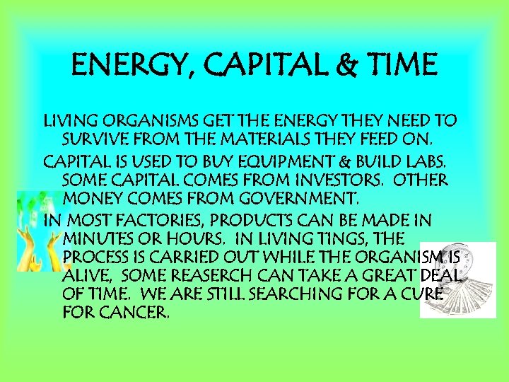 ENERGY, CAPITAL & TIME LIVING ORGANISMS GET THE ENERGY THEY NEED TO SURVIVE FROM