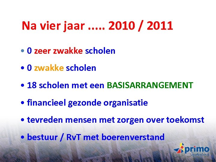 Na vier jaar. . . 2010 / 2011 • 0 zeer zwakke scholen •