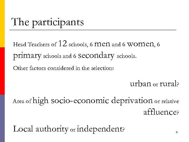 The participants Head Teachers of 12 schools, 6 men and 6 women, 6 primary