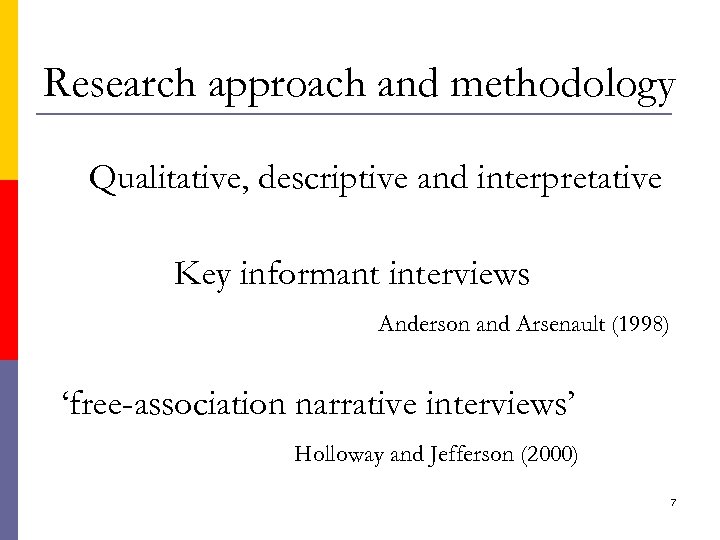 Research approach and methodology Qualitative, descriptive and interpretative Key informant interviews Anderson and Arsenault